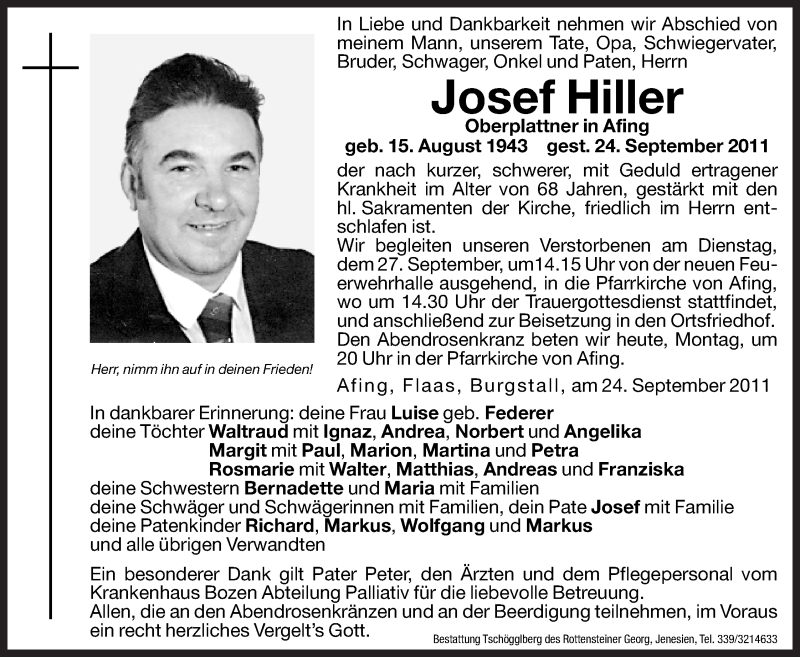  Traueranzeige für Josef Hiller vom 26.09.2011 aus Dolomiten