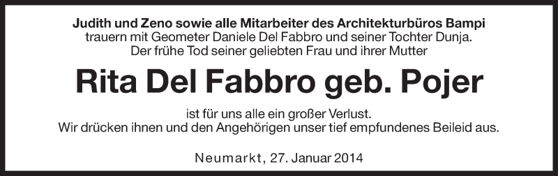  Traueranzeige für Rita del Fabbro vom 28.01.2014 aus Dolomiten