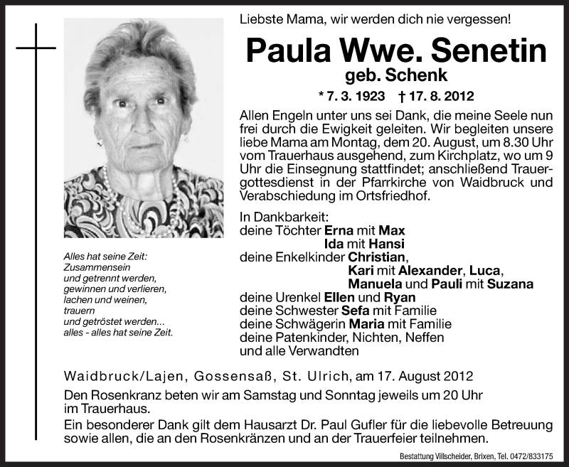  Traueranzeige für Paula Senetin vom 18.08.2012 aus Dolomiten