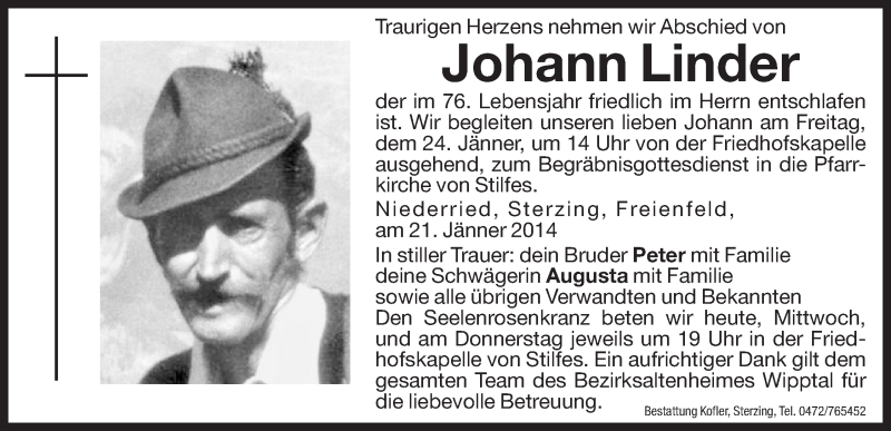  Traueranzeige für Johann Linder vom 22.01.2014 aus Dolomiten