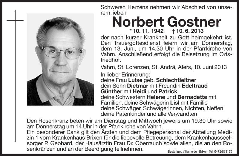  Traueranzeige für Norbert Gostner vom 11.06.2013 aus Dolomiten