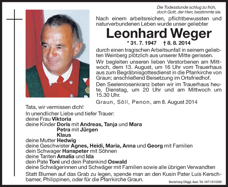  Traueranzeige für Leonhard Weger vom 12.08.2014 aus Dolomiten