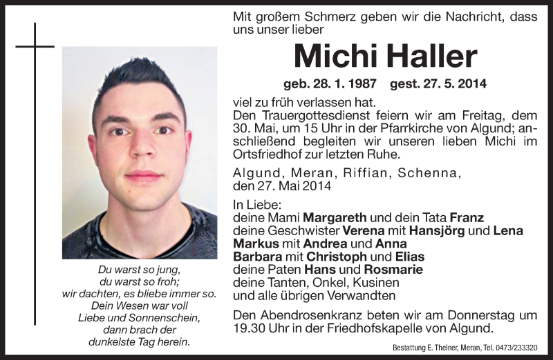  Traueranzeige für Michi Haller vom 29.05.2014 aus Dolomiten