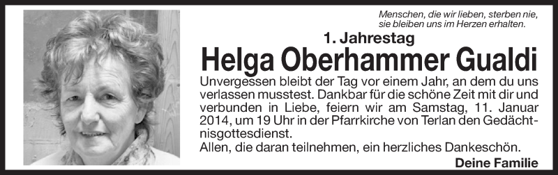  Traueranzeige für Helga Oberhammer Gualdi vom 10.01.2014 aus Dolomiten