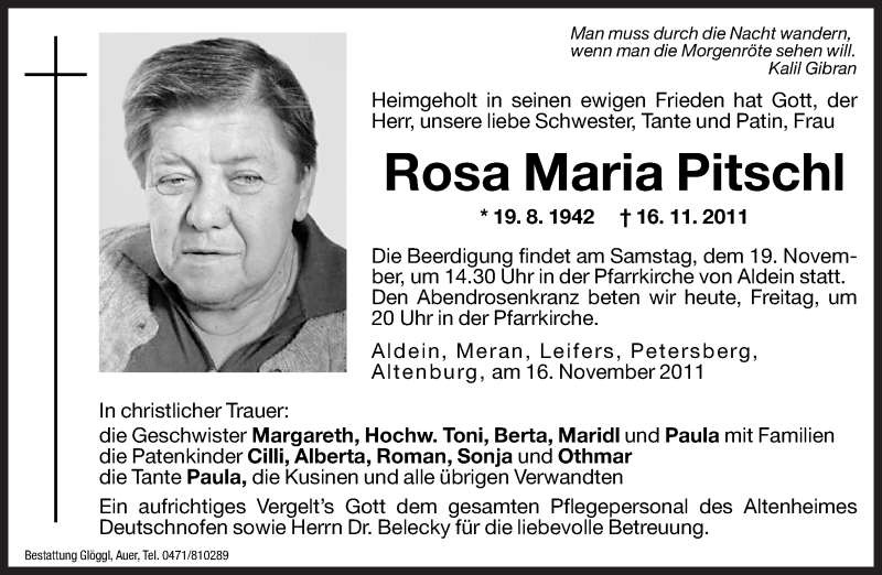  Traueranzeige für Rosa Maria Pitschl vom 18.11.2011 aus Dolomiten