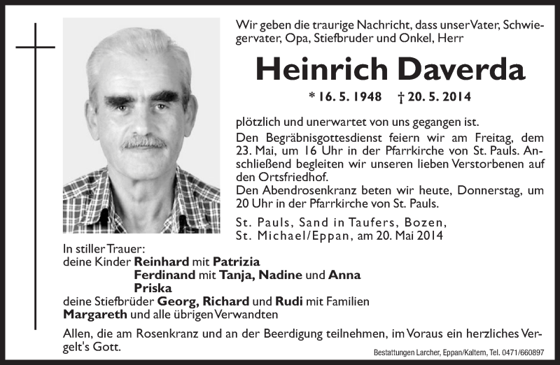  Traueranzeige für Heinrich Daverda vom 22.05.2014 aus Dolomiten