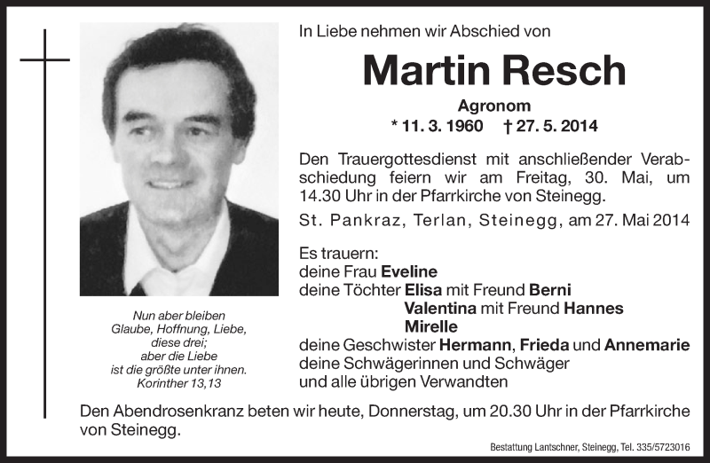  Traueranzeige für Martin Resch vom 29.05.2014 aus Dolomiten