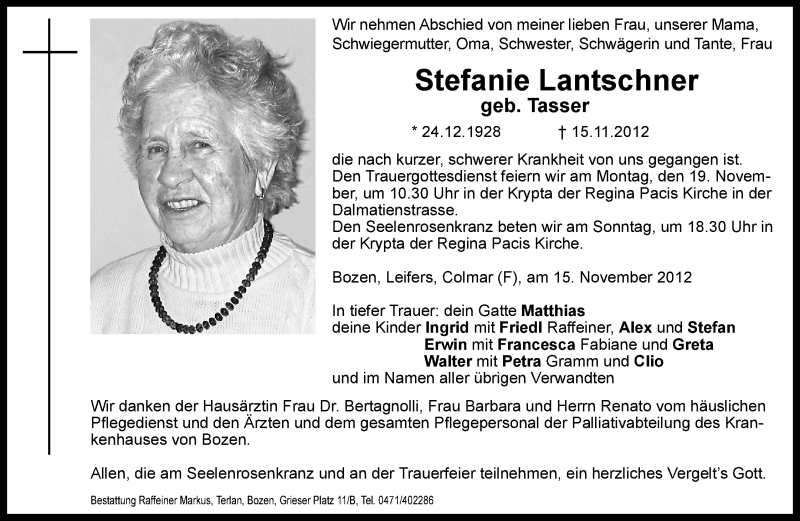  Traueranzeige für Stefanie Lantschner vom 16.11.2012 aus Dolomiten