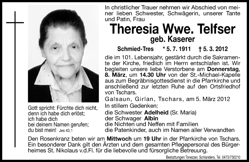  Traueranzeige für Theresia Telfser vom 07.03.2012 aus Dolomiten