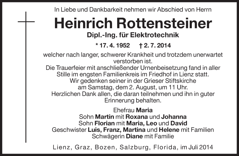  Traueranzeige für Heinrich Rottensteiner vom 25.07.2014 aus Dolomiten