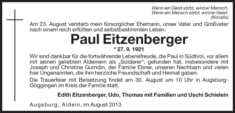  Traueranzeige für Paul Eitzenberger vom 28.08.2013 aus Dolomiten