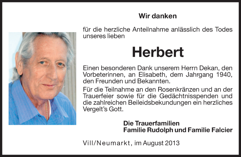  Traueranzeige für Herbert  vom 30.08.2013 aus Dolomiten