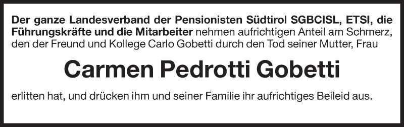  Traueranzeige für Carmen Pedrotti Gobetti vom 25.01.2014 aus Dolomiten