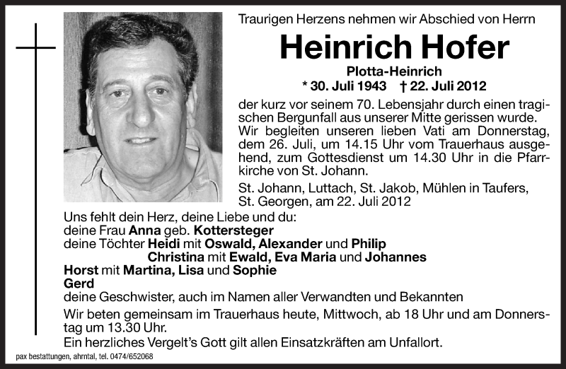  Traueranzeige für Heinrich Hofer vom 25.07.2012 aus Dolomiten