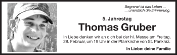 Traueranzeige von Thomas Gruber von Dolomiten