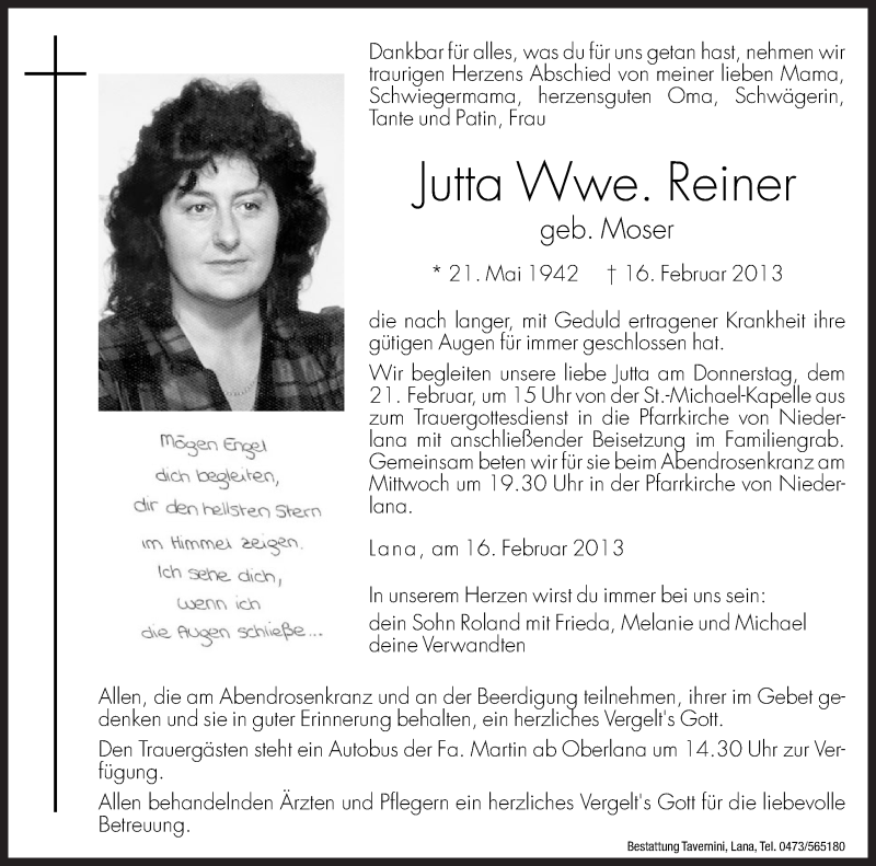  Traueranzeige für Jutta Reiner vom 18.02.2013 aus Dolomiten