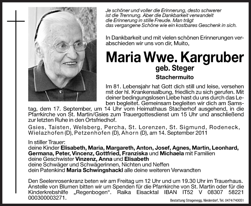  Traueranzeige für Maria Kargruber vom 15.09.2011 aus Dolomiten