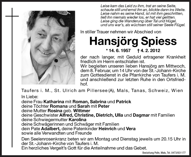  Traueranzeige für Hansjörg Spiess vom 06.02.2012 aus Dolomiten