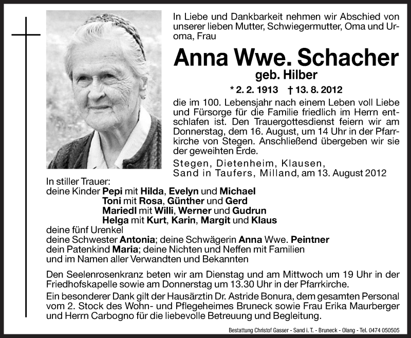  Traueranzeige für Anna Schacher vom 14.08.2012 aus Dolomiten