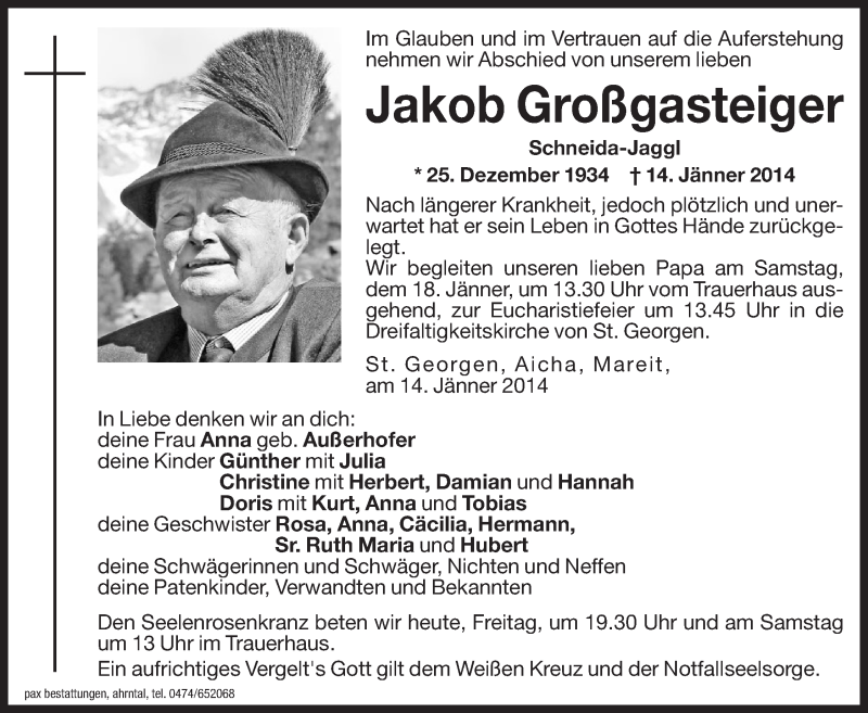  Traueranzeige für Jakob Großgasteiger vom 17.01.2014 aus Dolomiten