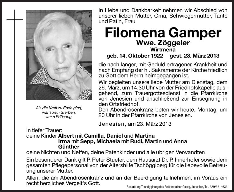  Traueranzeige für Filomena Zöggeler vom 25.03.2013 aus Dolomiten