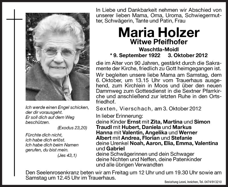  Traueranzeige für Maria Pfeifhofer vom 05.10.2012 aus Dolomiten