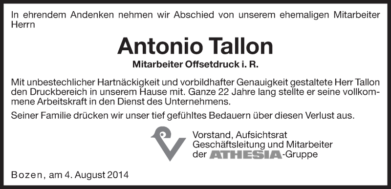  Traueranzeige für Antonio Tallon vom 05.08.2014 aus Dolomiten