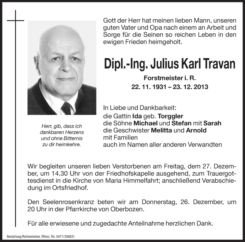  Traueranzeige für Julius Karl Travan vom 24.12.2013 aus Dolomiten