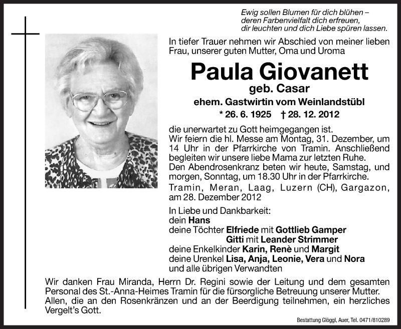  Traueranzeige für Paula Giovanett vom 29.12.2012 aus Dolomiten