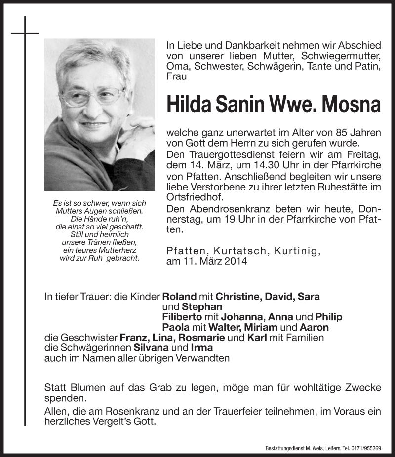  Traueranzeige für Hilda Mosna vom 13.03.2014 aus Dolomiten