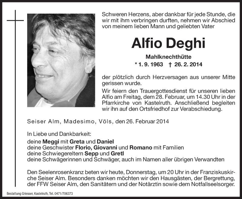  Traueranzeige für Alfio Deghi vom 27.02.2014 aus Dolomiten