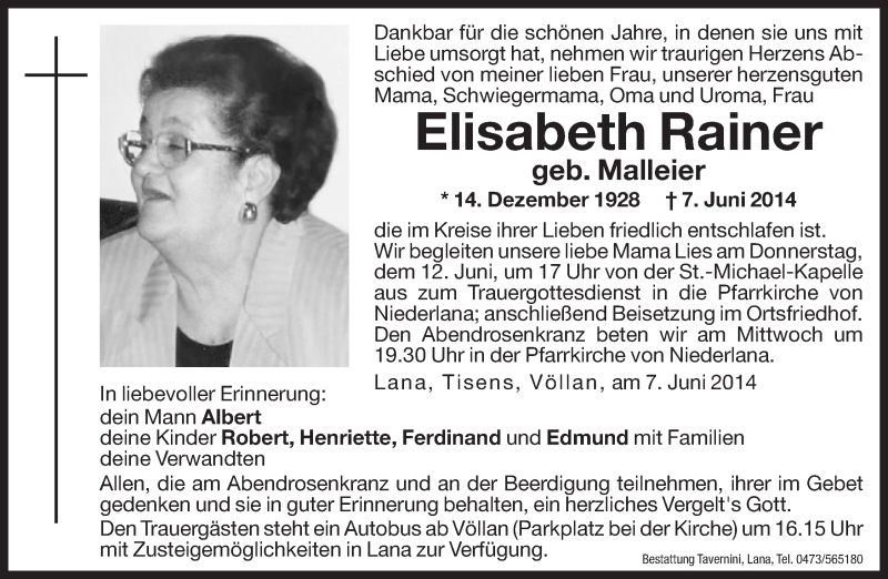  Traueranzeige für Elisabeth Rainer vom 10.06.2014 aus Dolomiten