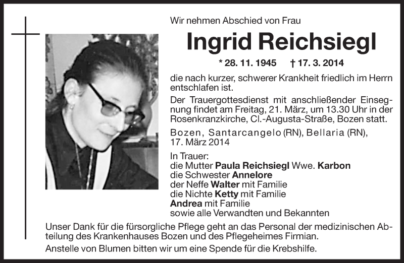  Traueranzeige für Ingrid Reichsiegl vom 19.03.2014 aus Dolomiten