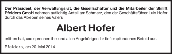 Traueranzeige von Albert Hofer von Dolomiten