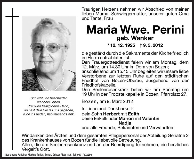  Traueranzeige für Maria Perini vom 10.03.2012 aus Dolomiten