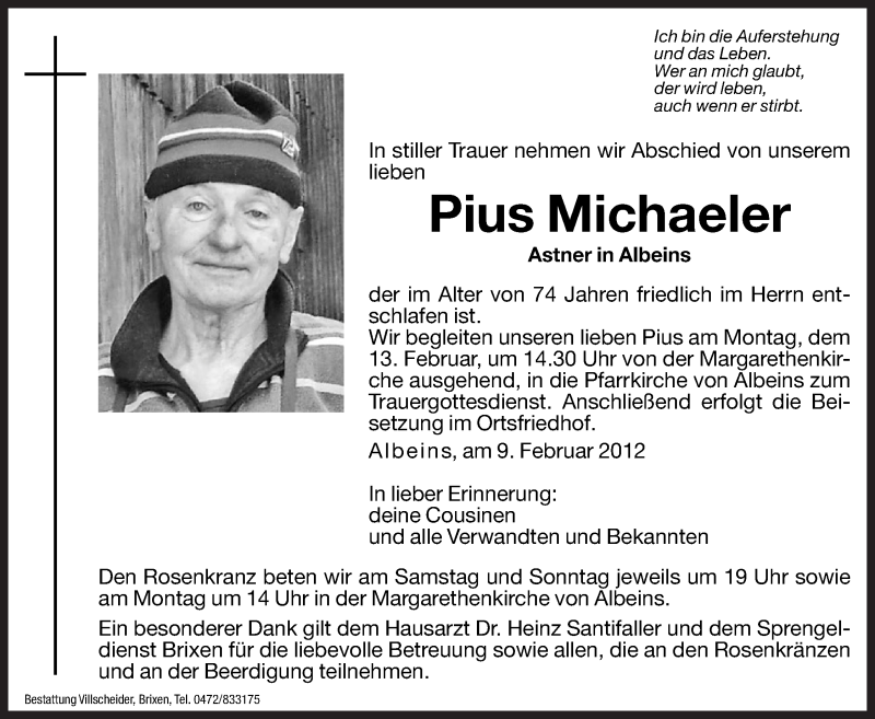  Traueranzeige für Pius Michaeler vom 11.02.2012 aus Dolomiten