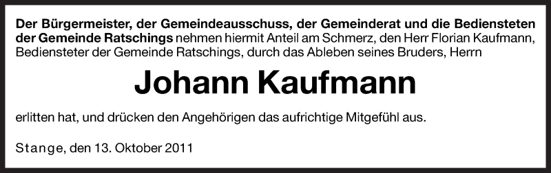  Traueranzeige für Johann Kaufmann vom 14.10.2011 aus Dolomiten