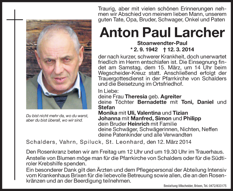  Traueranzeige für Anton Paul Larcher vom 14.03.2014 aus Dolomiten