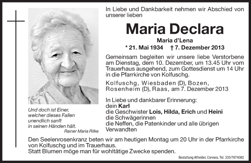  Traueranzeige für Maria Declara vom 09.12.2013 aus Dolomiten