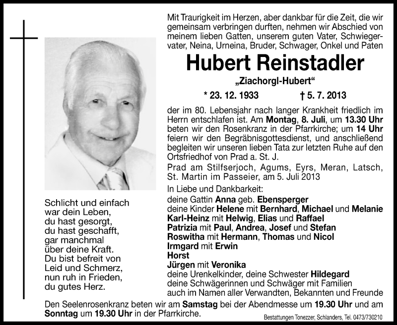  Traueranzeige für Hubert Reinstadler vom 06.07.2013 aus Dolomiten