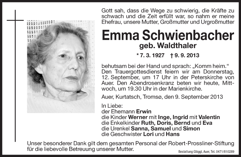  Traueranzeige für Emma Schwienbacher vom 11.09.2013 aus Dolomiten