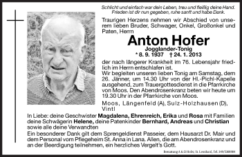 Traueranzeige von Anton Hofer von Dolomiten