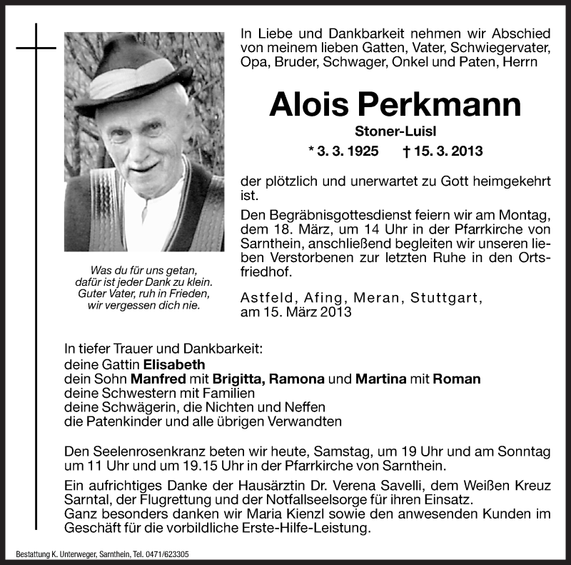  Traueranzeige für Alois Perkmann vom 16.03.2013 aus Dolomiten