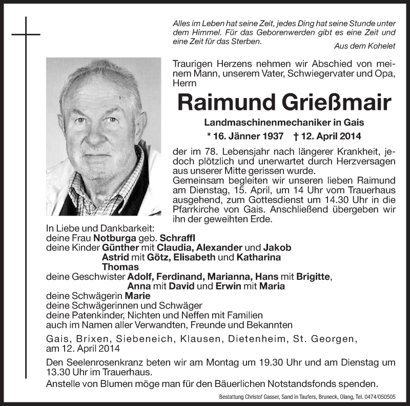  Traueranzeige für Raimund Grießmair vom 14.04.2014 aus Dolomiten