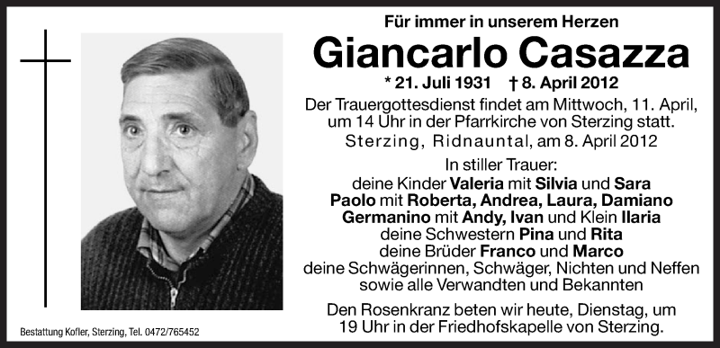  Traueranzeige für Giancarlo Casazza vom 10.04.2012 aus Dolomiten