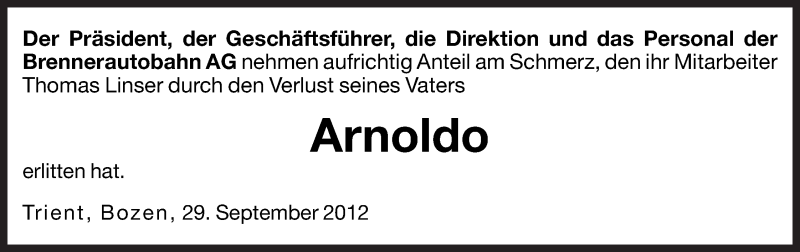  Traueranzeige für Arnoldo Linser vom 29.09.2012 aus Dolomiten