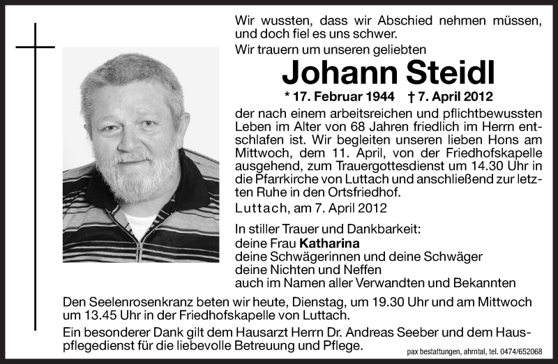  Traueranzeige für Johann Steidl vom 10.04.2012 aus Dolomiten