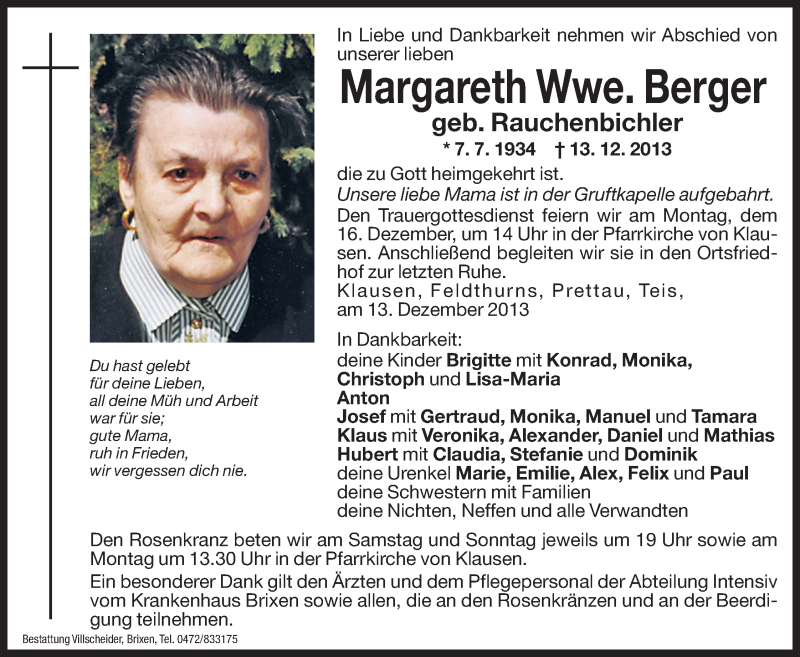  Traueranzeige für Margareth Berger vom 14.12.2013 aus Dolomiten