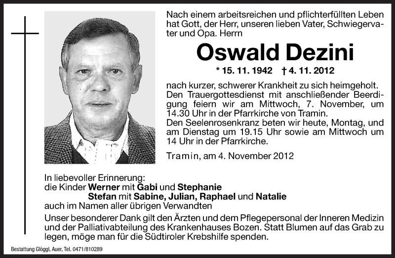  Traueranzeige für Oswald Dezini vom 05.11.2012 aus Dolomiten