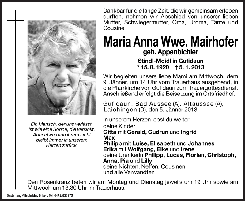  Traueranzeige für Maria Anna Mairhofer vom 07.01.2013 aus Dolomiten